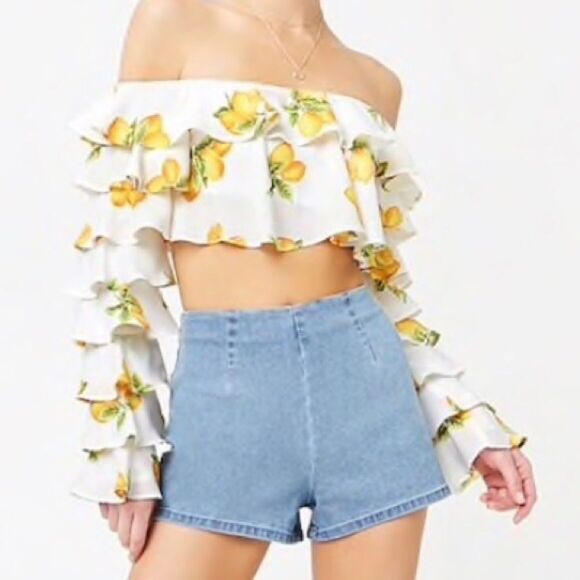 Forever 21 Lemon Ruffle Off Shoulder Crop Top Ruffled Long Sleeves Pop Art Small - Picture 2 of 10